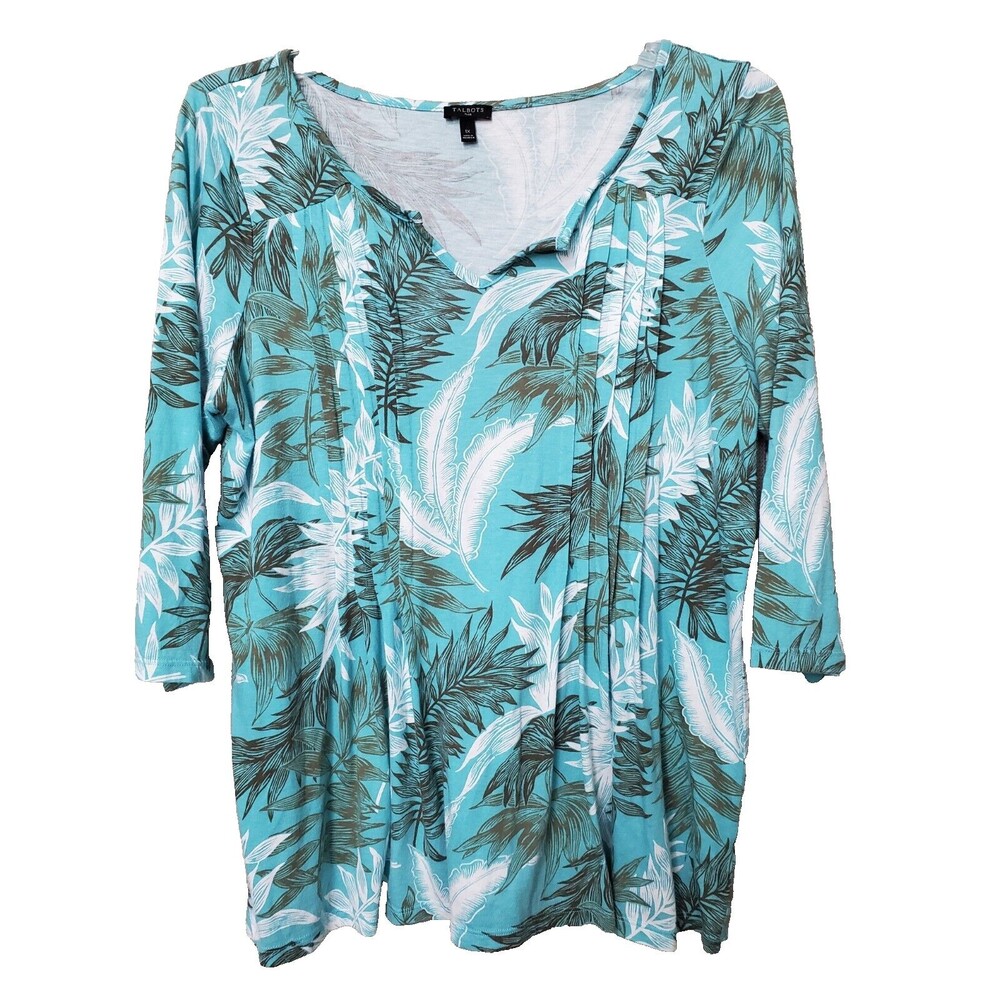 TALBOTS Plus Pleated Split Neck 3/4 Sleeve Palm Frond Pattern Tunic Size 1X